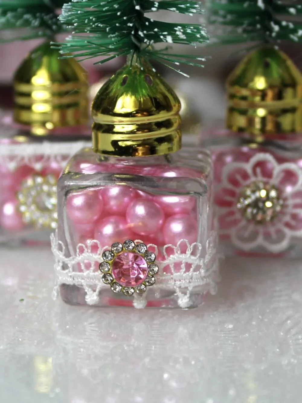 Shabby Chic Pink Christmas Bottle Brush Tree Set - Vintage Style - Salt & Pepper